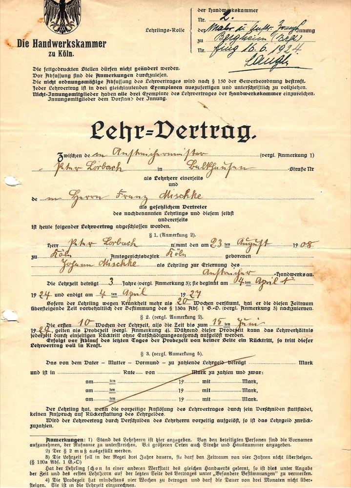 Lehrvertrag aus dem Jahr 1924